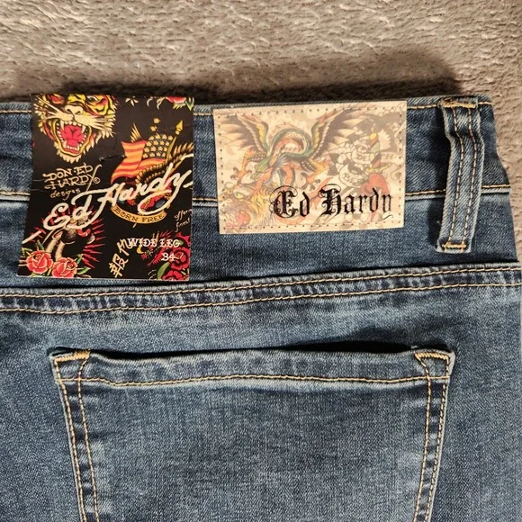 Ed Hardy Jeans Women's Size 34 Blue Wide Leg Embroidered Tattoo Print WEHD8300-3